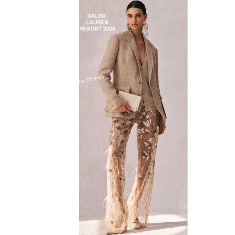 Ralph Lauren Purple Label Sheer Pants Sequin Feathers High Rise Womens XL - Picture 3 of 16